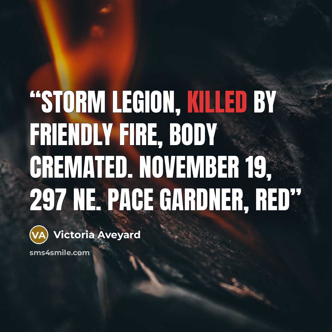 “Storm Legion, killed by friendly fire, body cremated. November 19, 297 NE. Pace Gardner, Red” quote by Victoria Aveyard