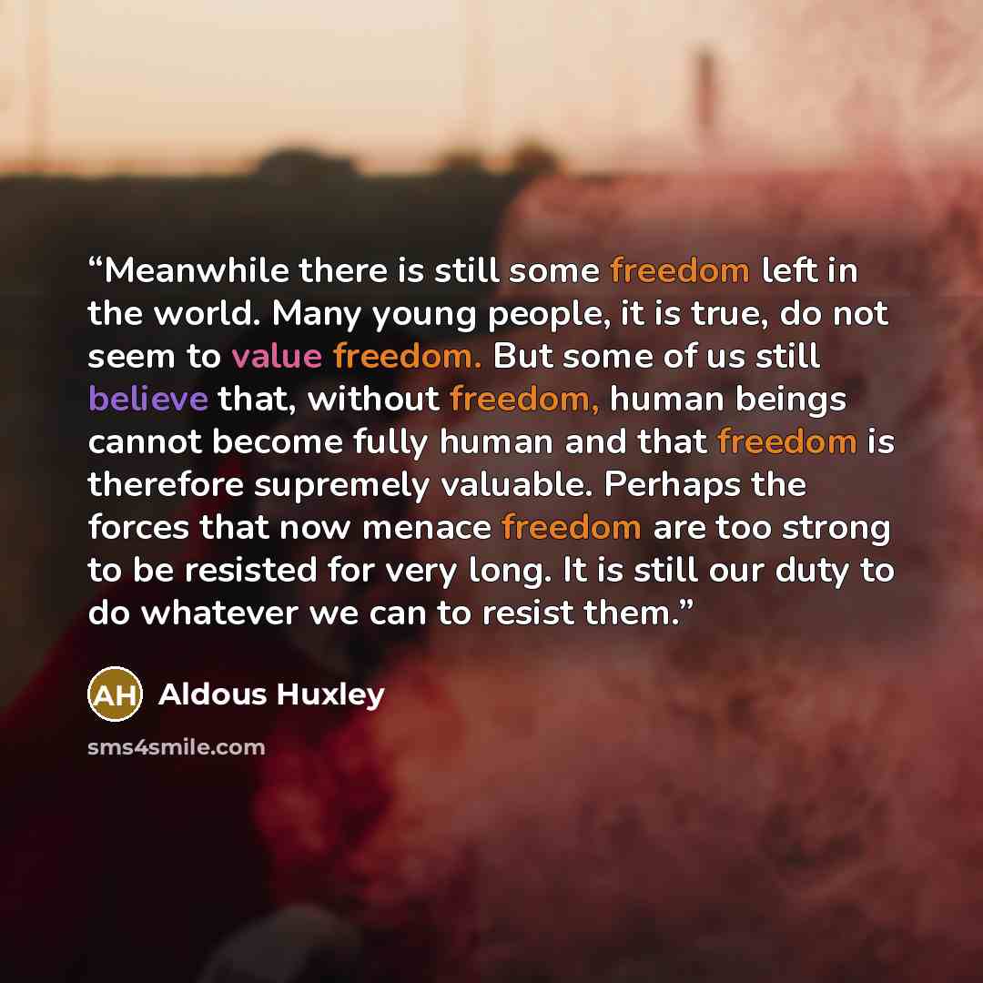 “Meanwhile there is still some freedom left in the world. Many young people, it is true, do not seem to value freedom. But some of us still believe that, without freedom, human beings cannot become fully human and that freedom is therefore supremely valuable. Perhaps the forces that now menace…” quote by Aldous Huxley
