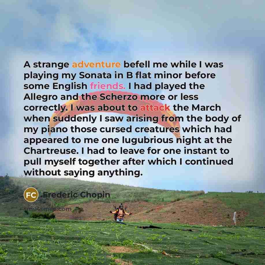 “A strange adventure befell me while I was playing my Sonata in B flat minor before some English friends. I had played the Allegro and the Scherzo more or less correctly. I was about to attack the March when suddenly I saw arising from the body of my piano those cursed creatures which had appeared…” quote by Frederic Chopin