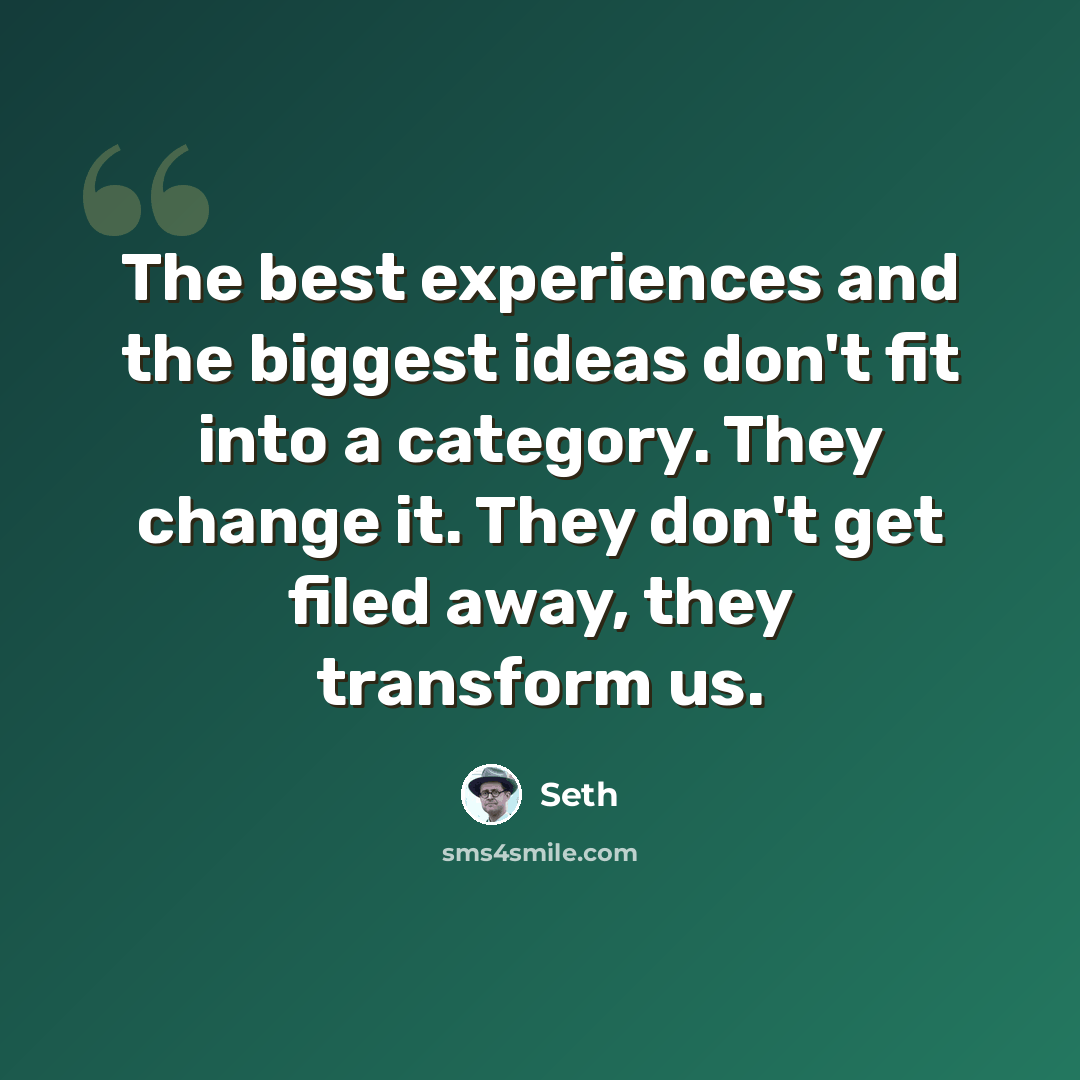 “The best experiences and the biggest ideas don't fit into a category. They change it. They don't get filed away, they transform us.” quote by Seth