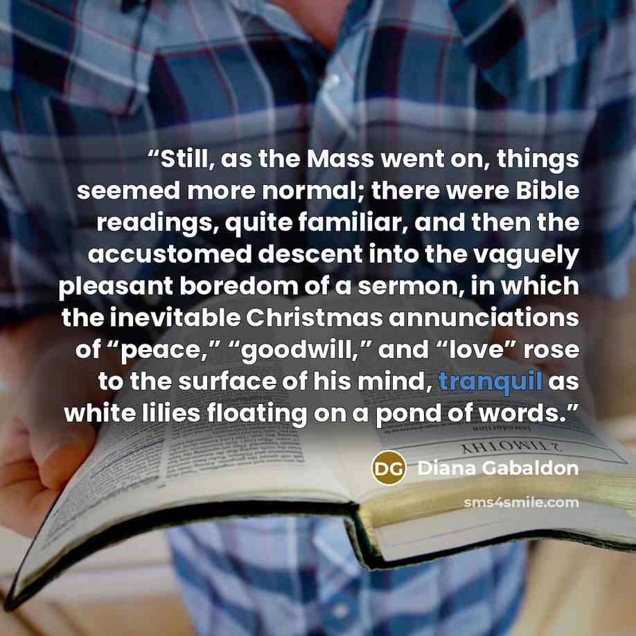 “Still, as the Mass went on, things seemed more normal; there were Bible readings, quite familiar, and then the accustomed descent into the vaguely pleasant boredom of a sermon, in which the inevitable Christmas annunciations of “peace,” “goodwill,” and “love” rose to the surface of his mind…” quote by Diana Gabaldon