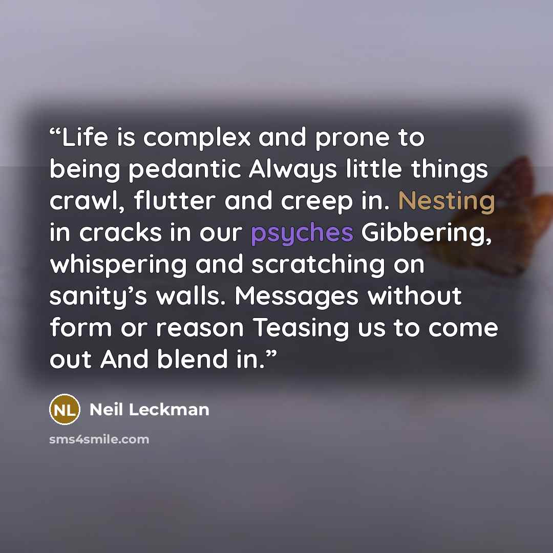 “Life is complex and prone to being pedantic Always little things crawl, flutter and creep in. Nesting in cracks in our psyches Gibbering, whispering and scratching on sanity’s walls. Messages without form or reason Teasing us to come out And blend in.” quote by Neil Leckman