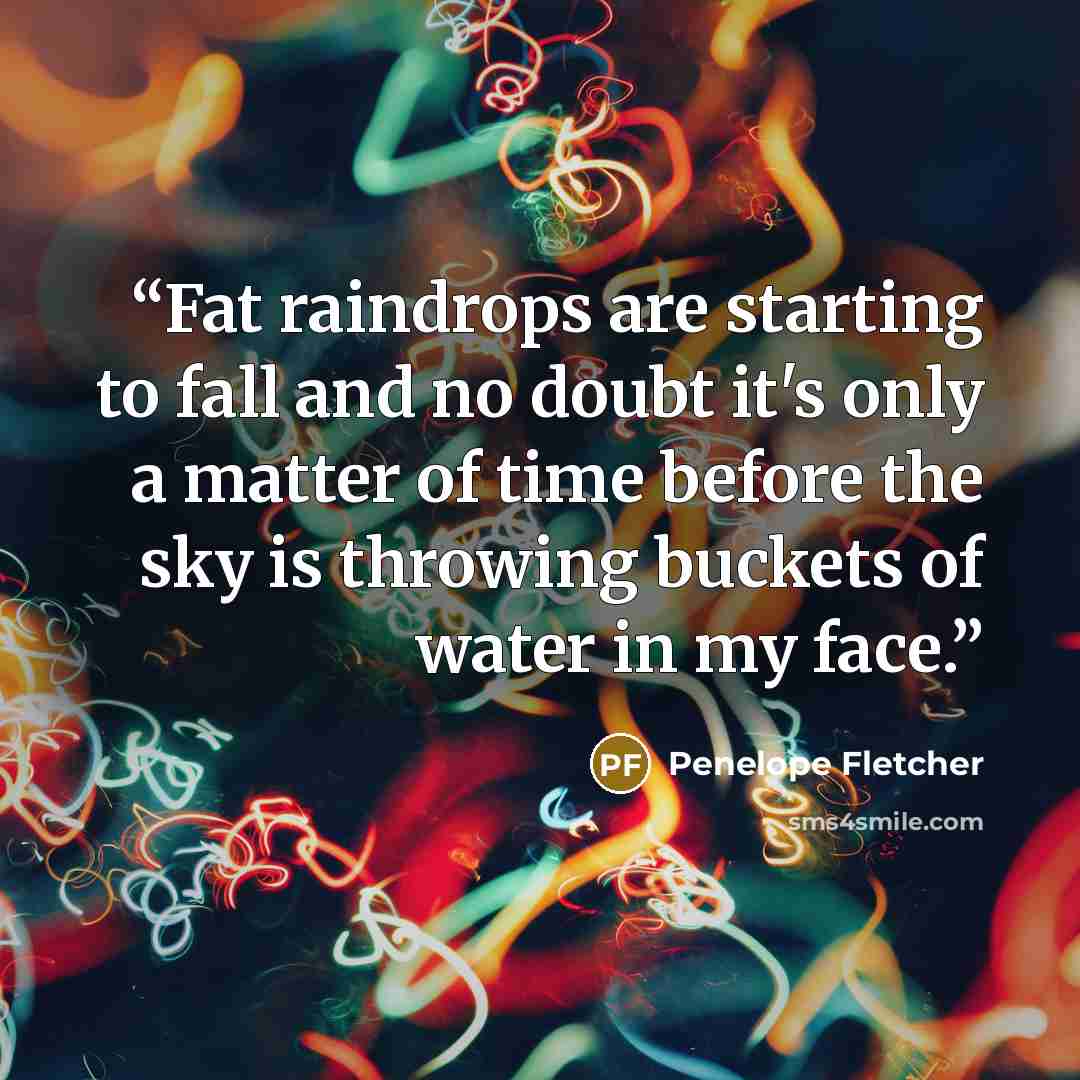 “Fat raindrops are starting to fall and no doubt it's only a matter of time before the sky is throwing buckets of water in my face.” quote by Penelope Fletcher