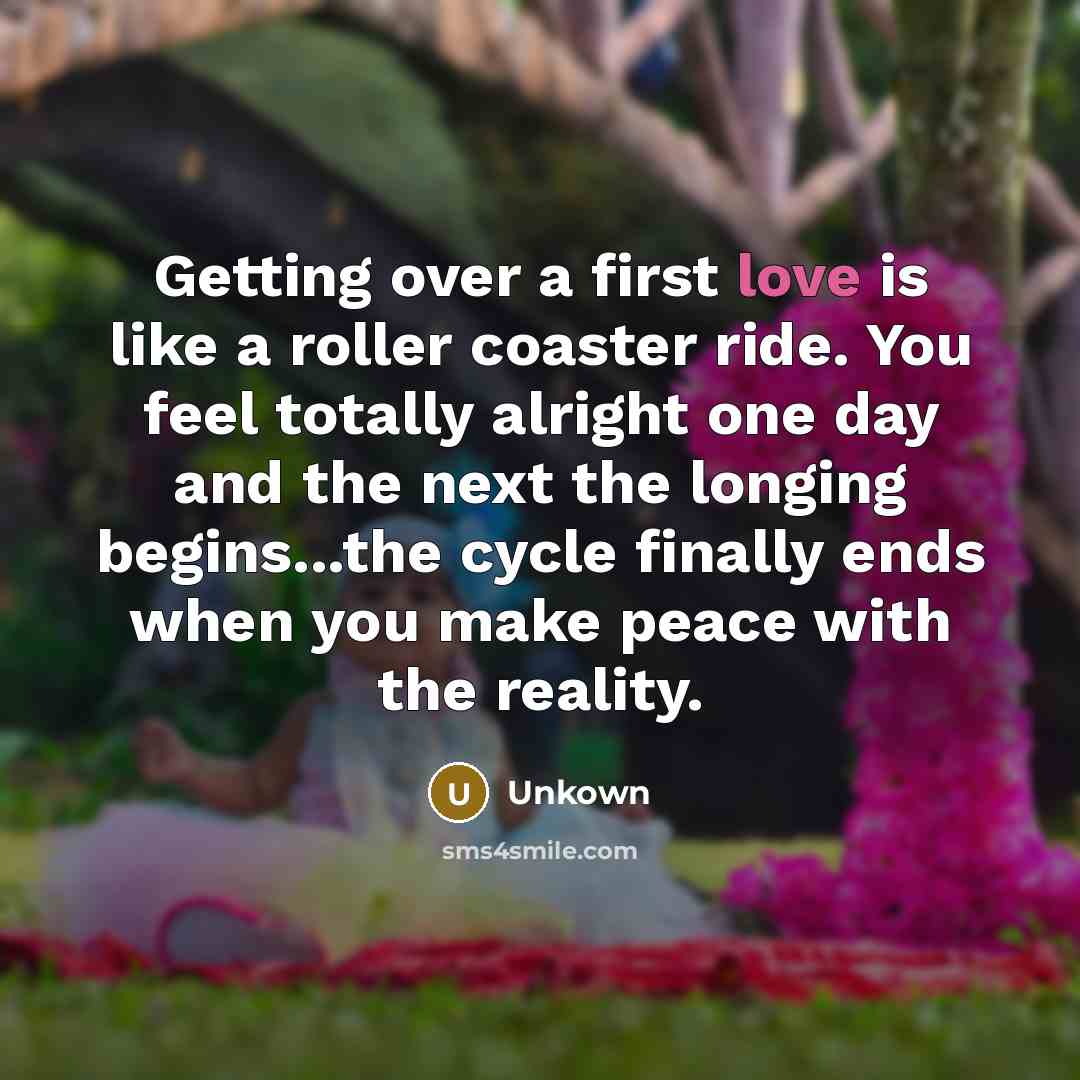 “Getting over a first love is like a roller coaster ride. You feel totally alright one day and the next the longing begins...the cycle finally ends when you make peace with the reality.” quote by Unkown