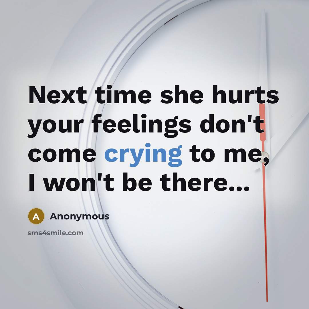 “Next time she hurts your feelings don't come crying to me, I won't be there...” quote by Anonymous
