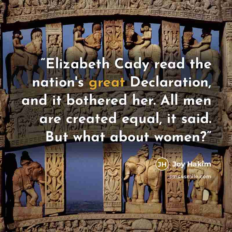 “Elizabeth Cady read the nation's great Declaration, and it bothered her. All men are created equal, it said. But what about women?” quote by Joy Hakim