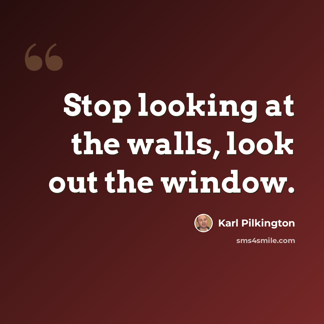 “Stop looking at the walls, look out the window.” quote by Karl Pilkington