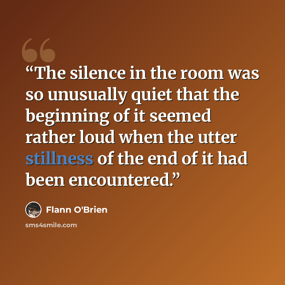 “The silence in the room was so unusually quiet that the beginning of it seemed rather loud when the utter stillness of the end of it had been encountered.” quote by Flann O'Brien