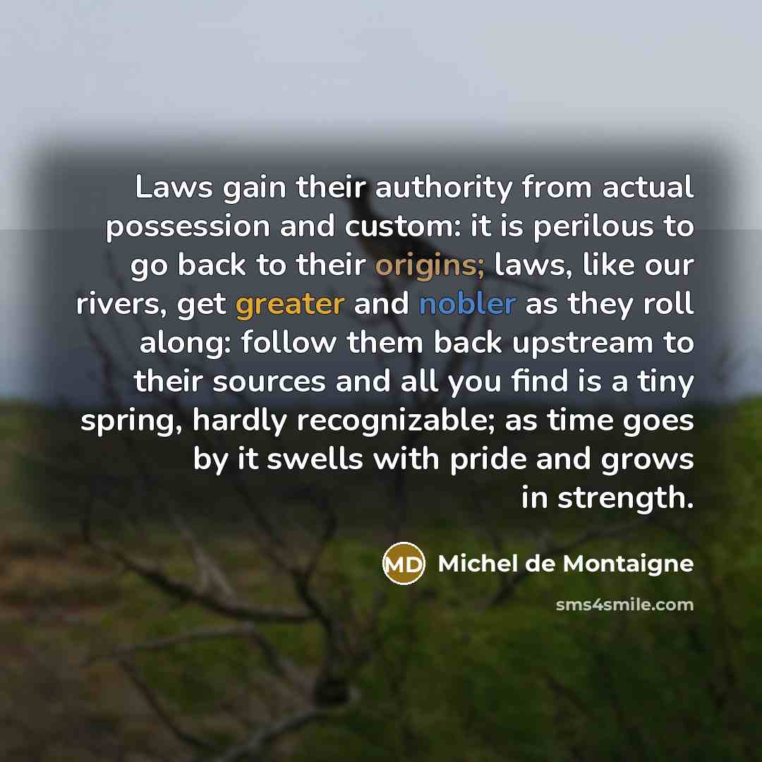 “Laws gain their authority from actual possession and custom: it is perilous to go back to their origins; laws, like our rivers, get greater and nobler as they roll along: follow them back upstream to their sources and all you find is a tiny spring, hardly recognizable; as time goes by it swells…” quote by Michel de Montaigne