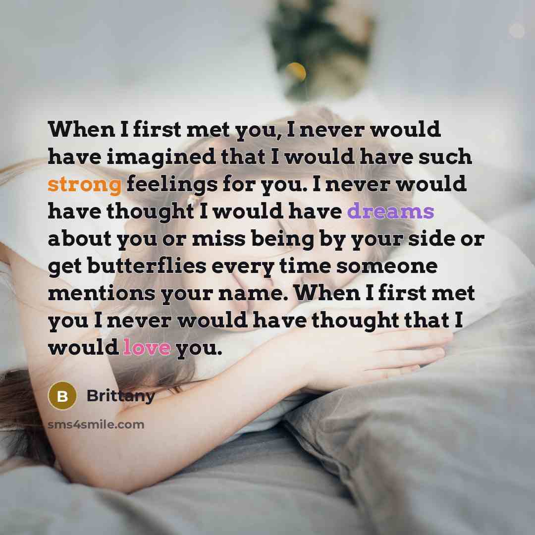 “When I first met you, I never would have imagined that I would have such strong feelings for you. I never would have thought I would have dreams about you or miss being by your side or get butterflies every time someone mentions your name. When I first met you I never would have thought that I…” quote by Brittany