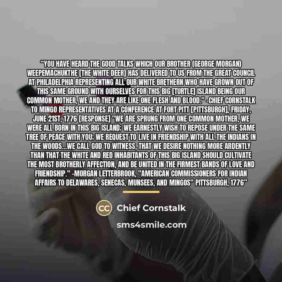 “You have heard the good Talks which our Brother (George Morgan) Weepemachukthe [The White Deer] has delivered to us from the Great Council at Philadelphia representing all our white Brethern who have grown out of this same Ground with ourselves for this Big [Turtle] Island being our common Mother…” quote by Chief Cornstalk