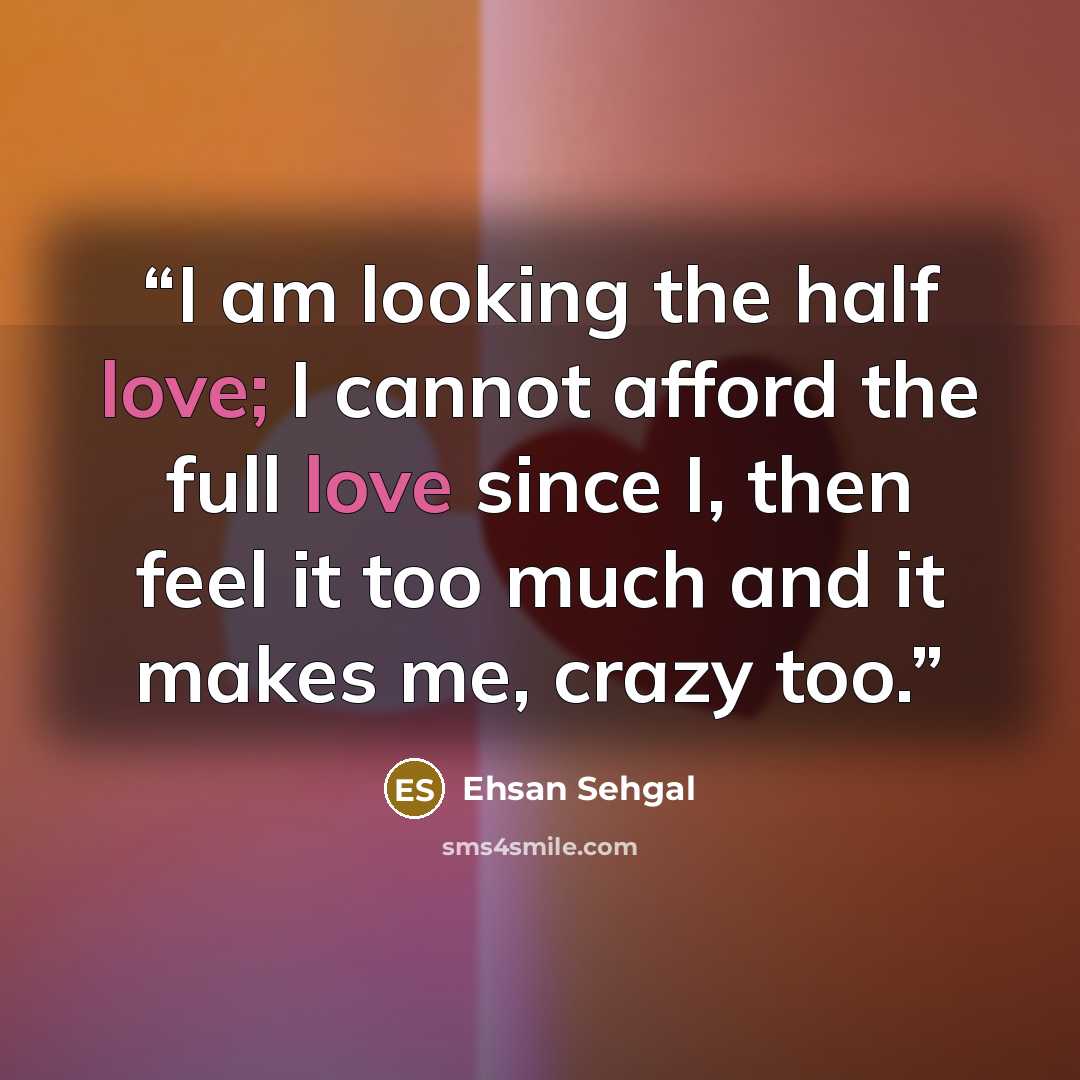 “I am looking the half love; I cannot afford the full love since I, then feel it too much and it makes me, crazy too.” quote by Ehsan Sehgal