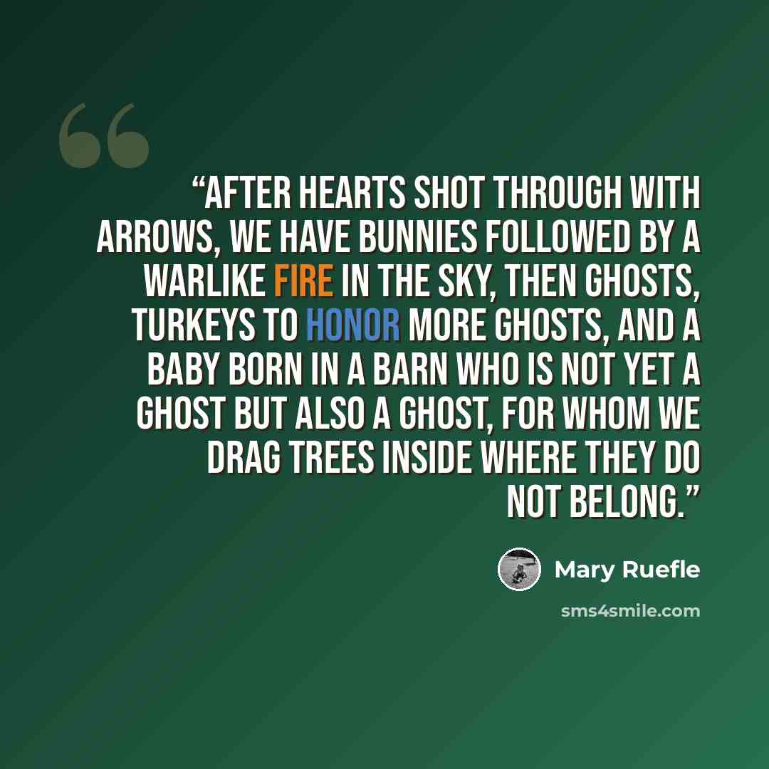 “After hearts shot through with arrows, we have bunnies followed by a warlike fire in the sky, then ghosts, turkeys to honor more ghosts, and a baby born in a barn who is not yet a ghost but also a ghost, for whom we drag trees inside where they do not belong.” quote by Mary Ruefle