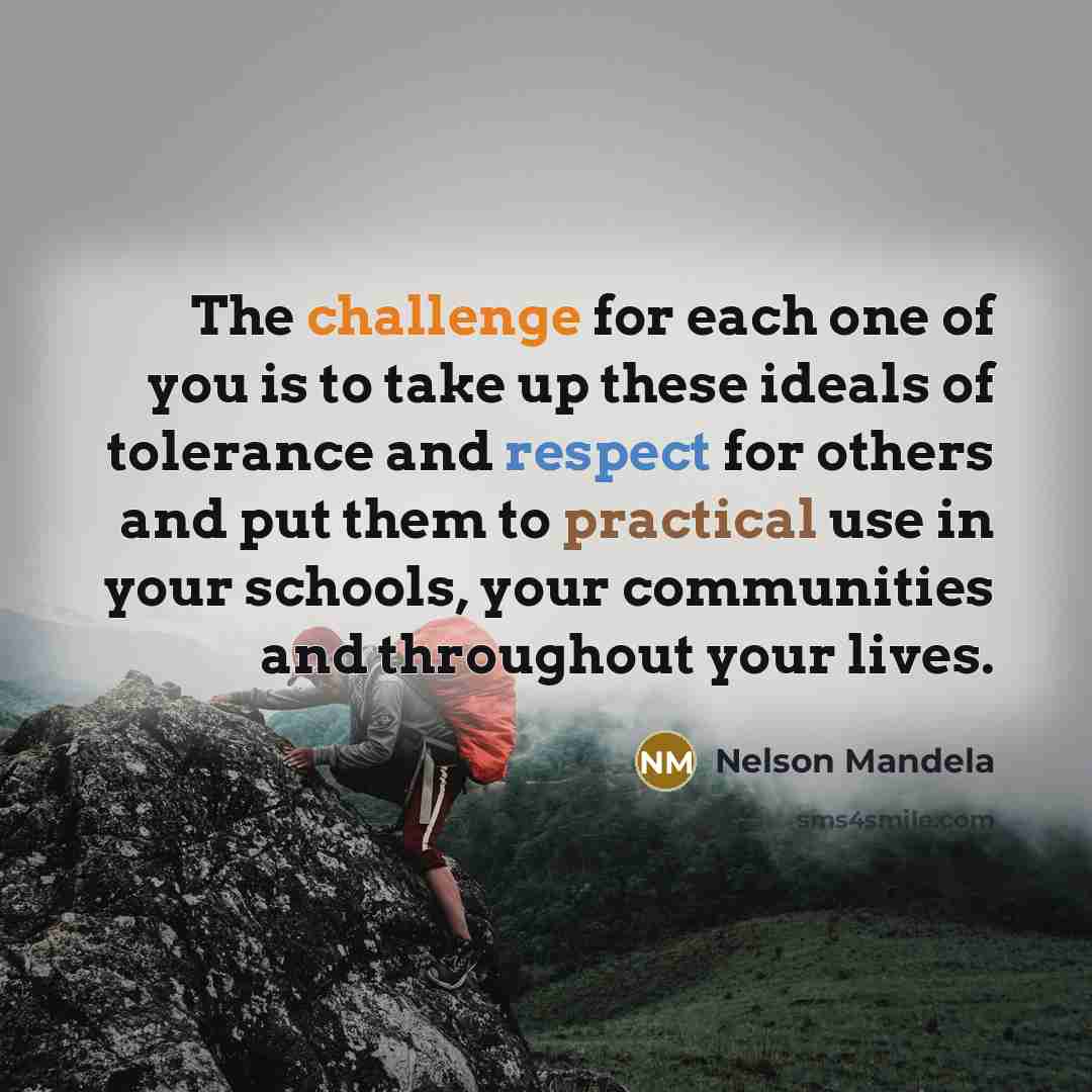 “The challenge for each one of you is to take up these ideals of tolerance and respect for others and put them to practical use in your schools, your communities and throughout your lives.” quote by Nelson Mandela