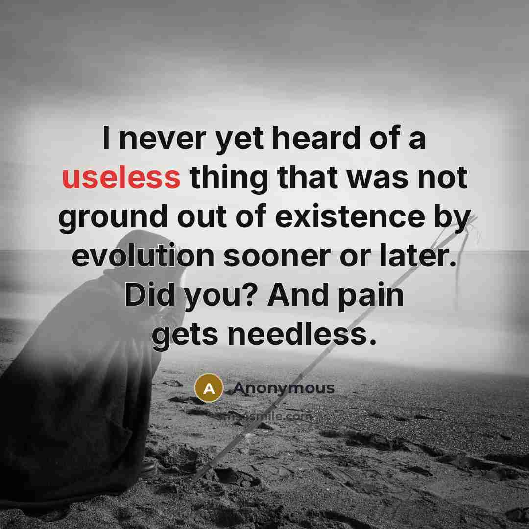 “I never yet heard of a useless thing that was not ground out of existence by evolution sooner or later. Did you? And pain gets needless.” quote by Anonymous