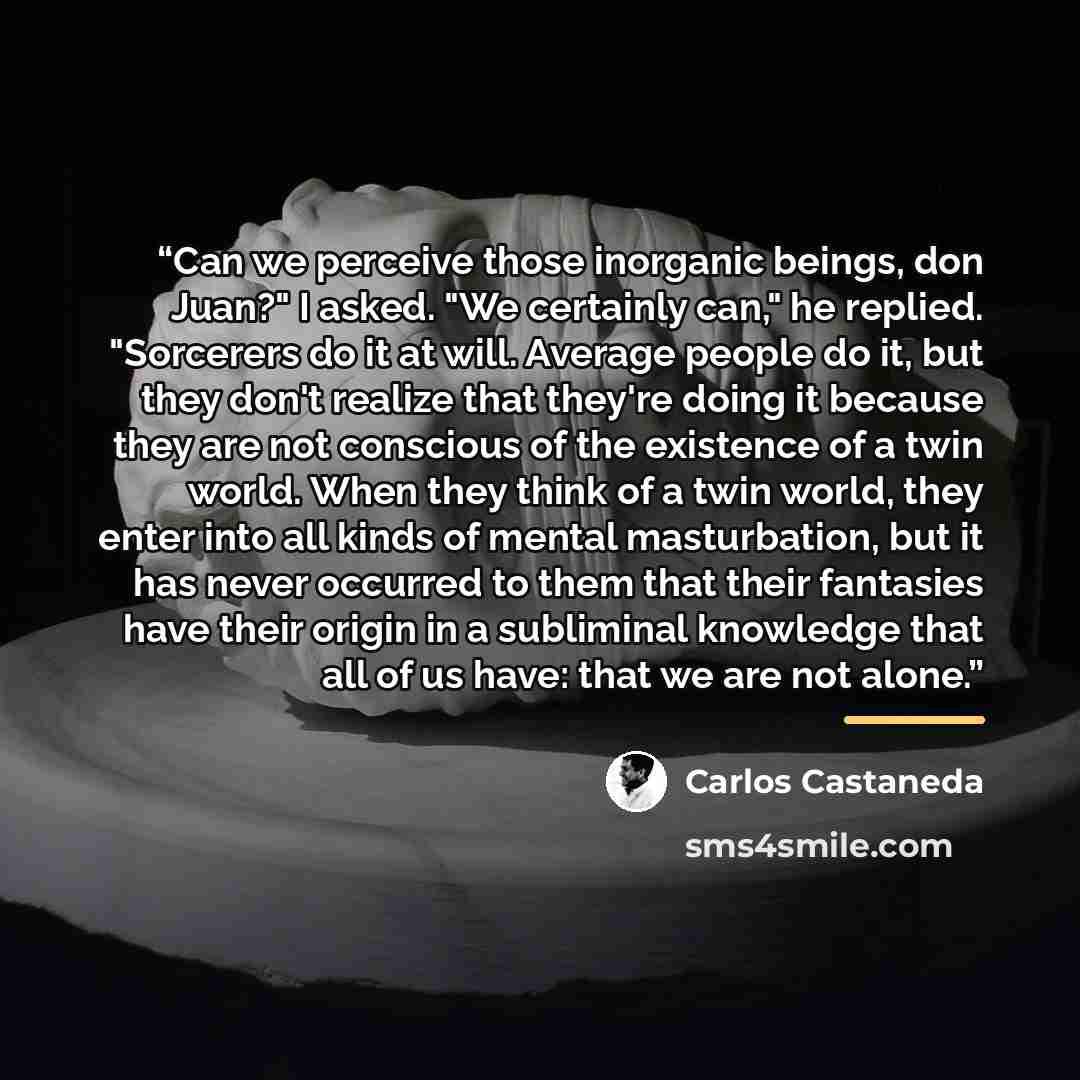 “Can we perceive those inorganic beings, don Juan?" I asked. "We certainly can," he replied. "Sorcerers do it at will. Average people do it, but they don't realize that they're doing it because they are not conscious of the existence of a twin world. When they think of a twin world, they enter into…” quote by Carlos Castaneda