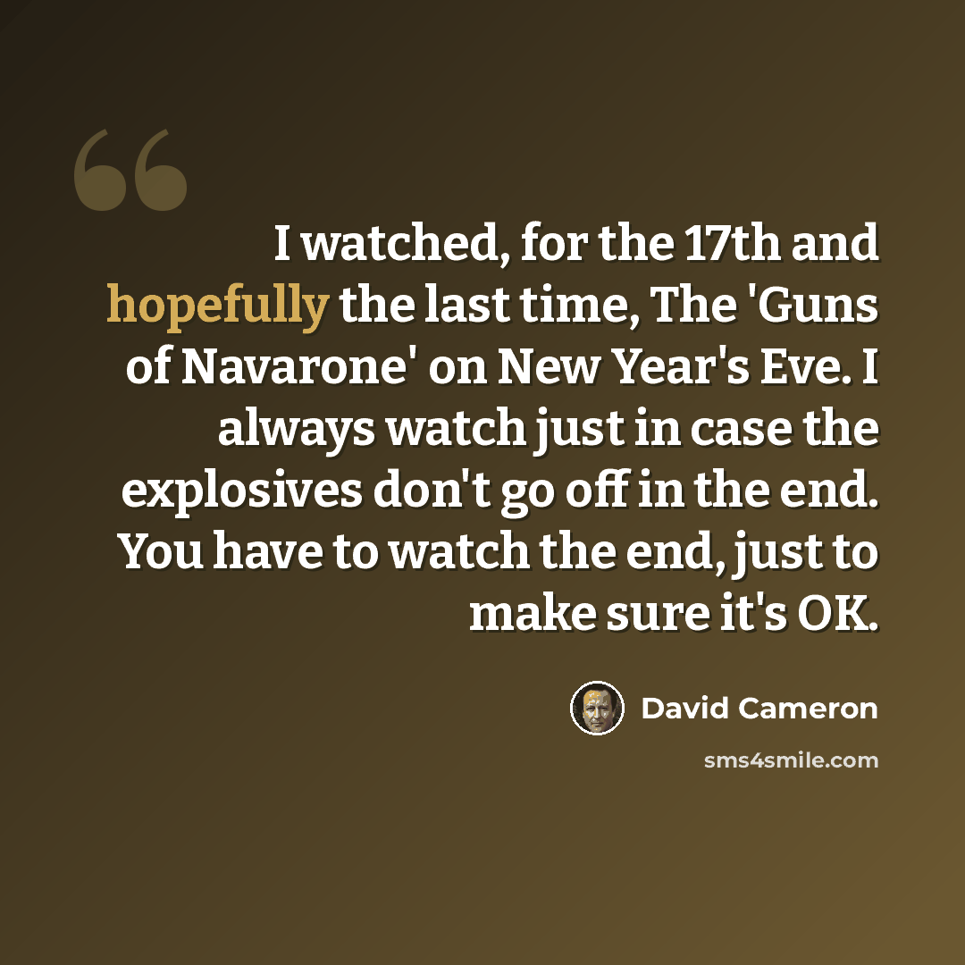 “I watched, for the 17th and hopefully the last time, The 'Guns of Navarone' on New Year's Eve. I always watch just in case the explosives don't go off in the end. You have to watch the end, just to make sure it's OK.” quote by David Cameron
