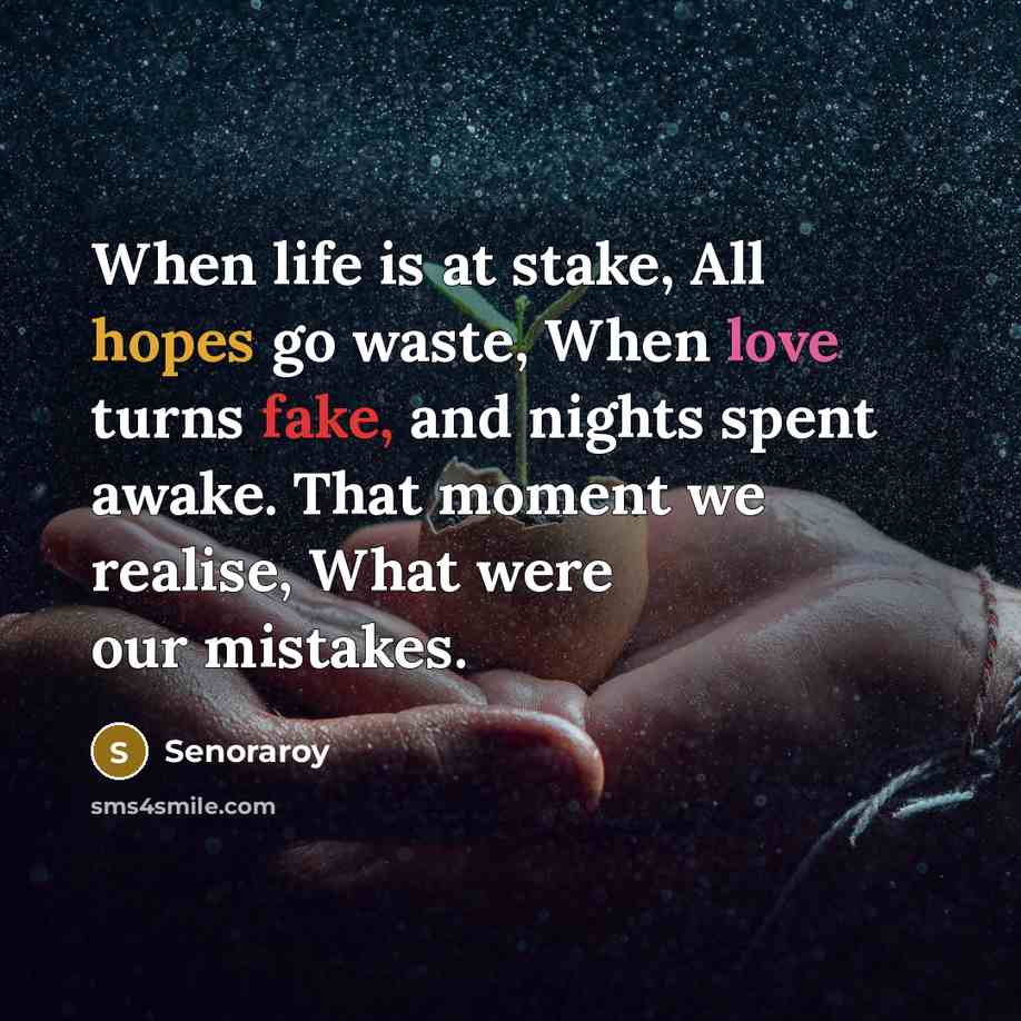 “When life is at stake, All hopes go waste, When love turns fake, and nights spent awake. That moment we realise, What were our mistakes.” quote by Senoraroy