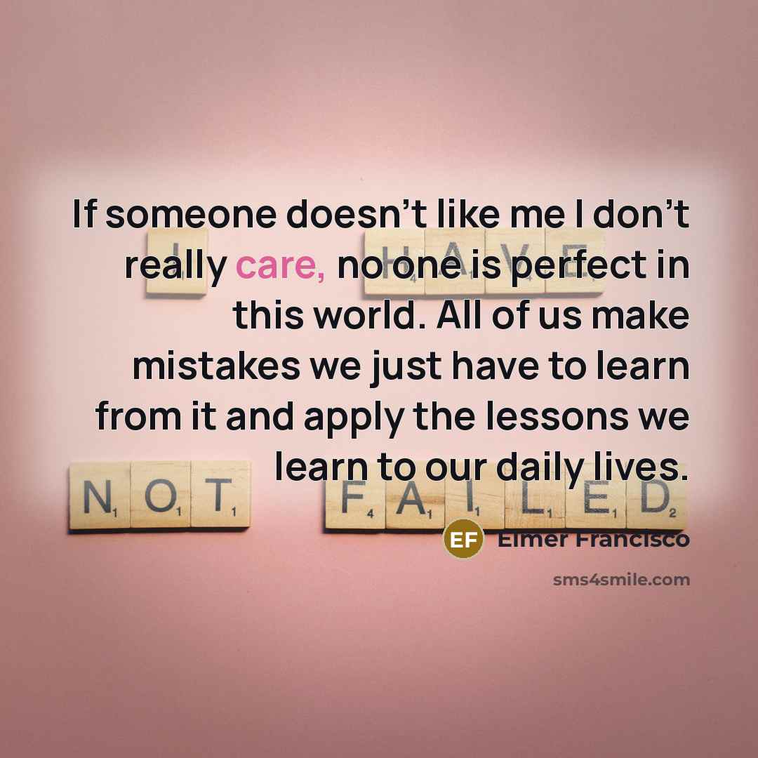 “If someone doesn't like me I don't really care, no one is perfect in this world. All of us make mistakes we just have to learn from it and apply the lessons we learn to our daily lives.” quote by Elmer Francisco