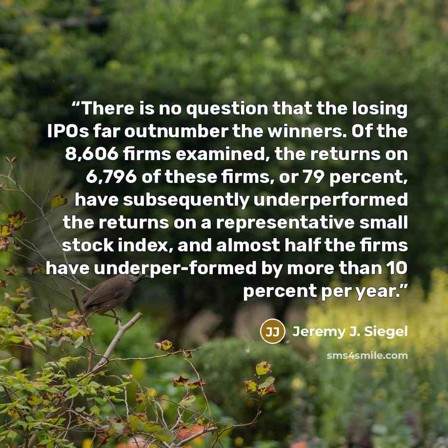 “There is no question that the losing IPOs far outnumber the winners. Of the 8,606 firms examined, the returns on 6,796 of these firms, or 79 percent, have subsequently underperformed the returns on a representative small stock index, and almost half the firms have underper-formed by more than 10…” quote by Jeremy J. Siegel
