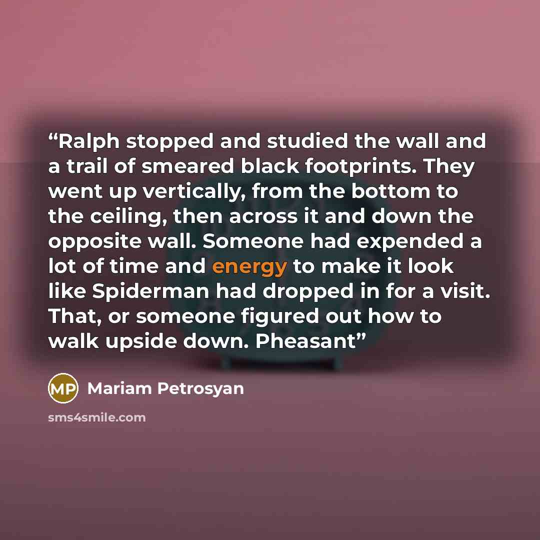 “Ralph stopped and studied the wall and a trail of smeared black footprints. They went up vertically, from the bottom to the ceiling, then across it and down the opposite wall. Someone had expended a lot of time and energy to make it look like Spiderman had dropped in for a visit. That, or someone…” quote by Mariam Petrosyan