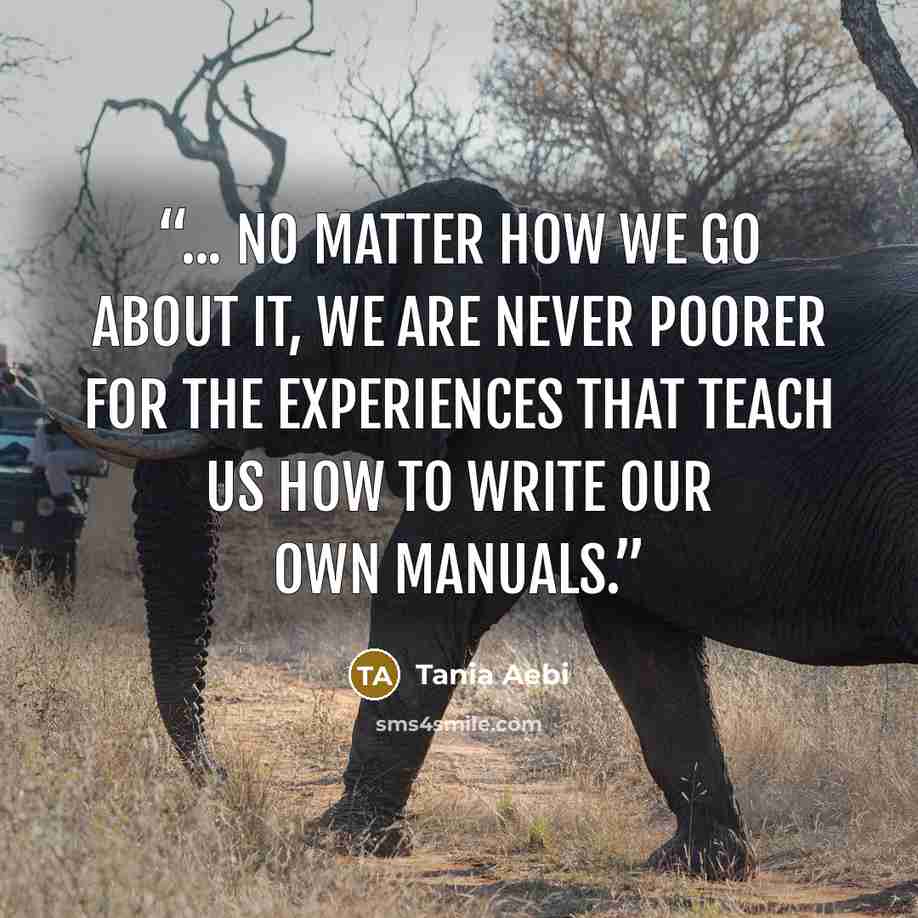 “... no matter how we go about it, we are never poorer for the experiences that teach us how to write our own manuals.” quote by Tania Aebi