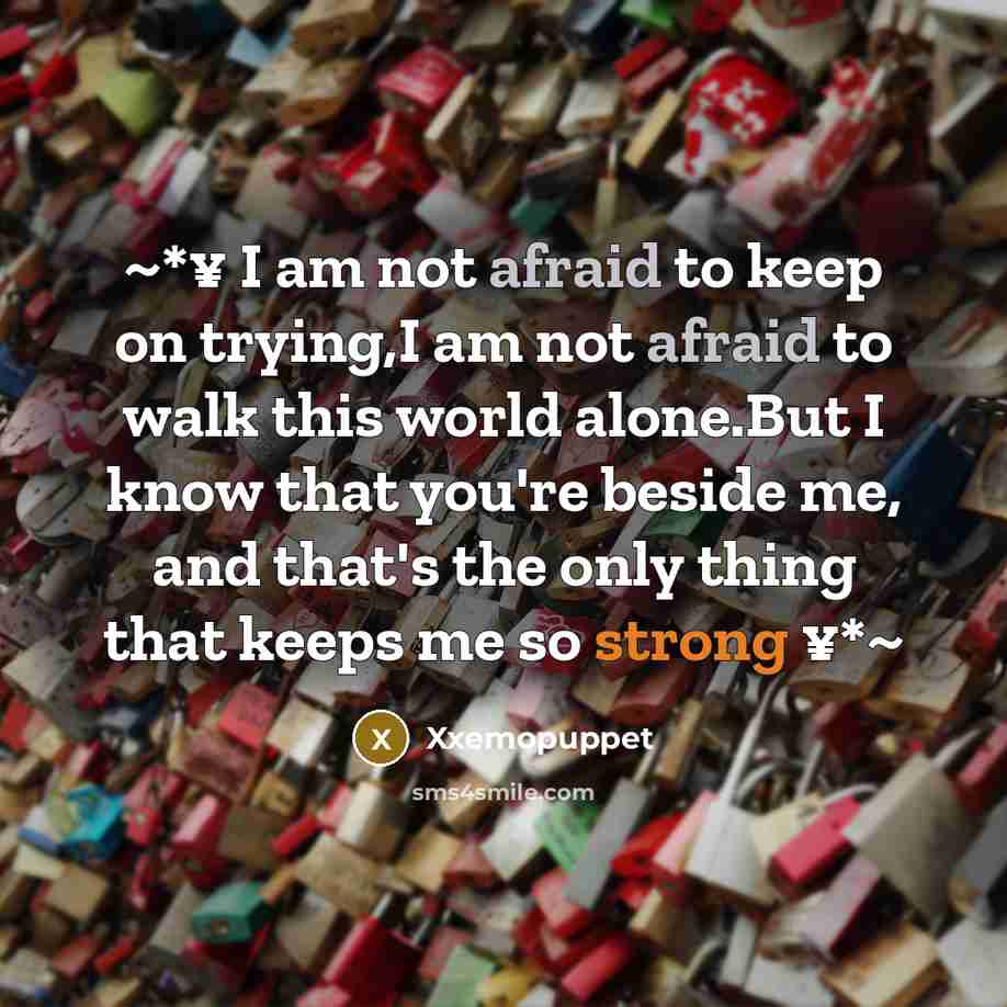 “~*¥ I am not afraid to keep on trying,I am not afraid to walk this world alone.But I know that you're beside me, and that's the only thing that keeps me so strong ¥*~” quote by Xxemopuppet
