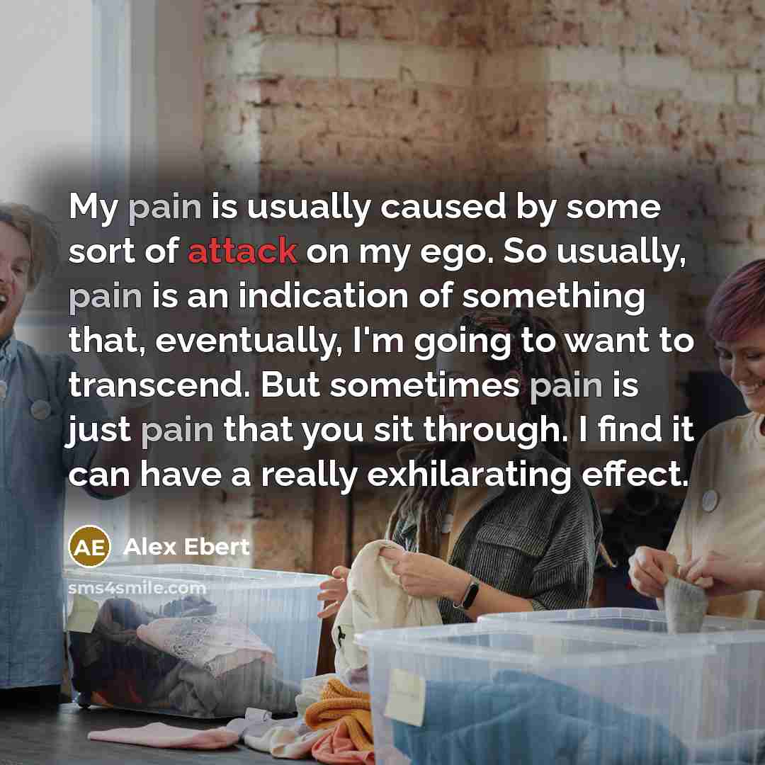 “My pain is usually caused by some sort of attack on my ego. So usually, pain is an indication of something that, eventually, I'm going to want to transcend. But sometimes pain is just pain that you sit through. I find it can have a really exhilarating effect.” quote by Alex Ebert