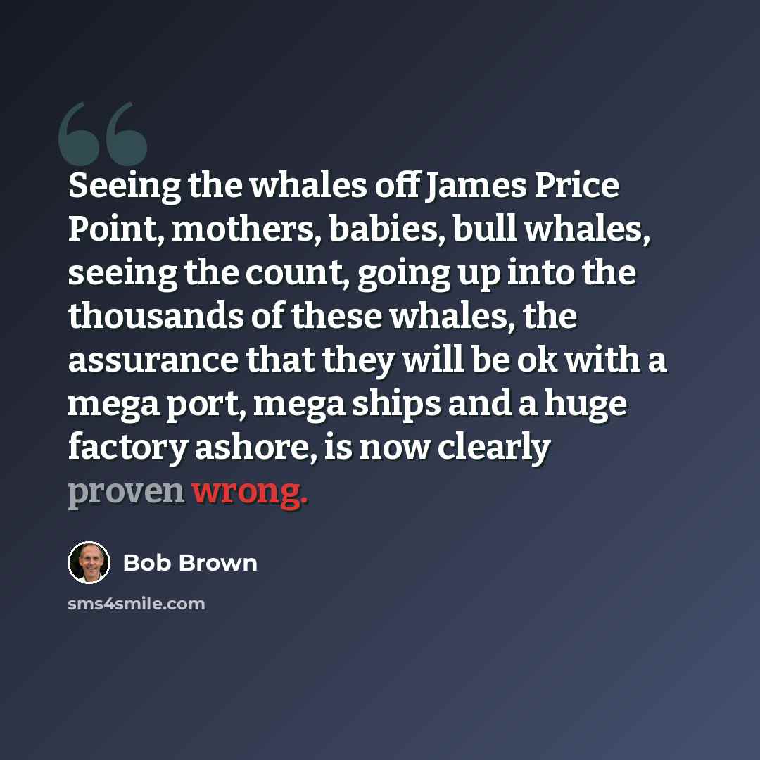 “Seeing the whales off James Price Point, mothers, babies, bull whales, seeing the count, going up into the thousands of these whales, the assurance that they will be ok with a mega port, mega ships and a huge factory ashore, is now clearly proven wrong.” quote by Bob Brown