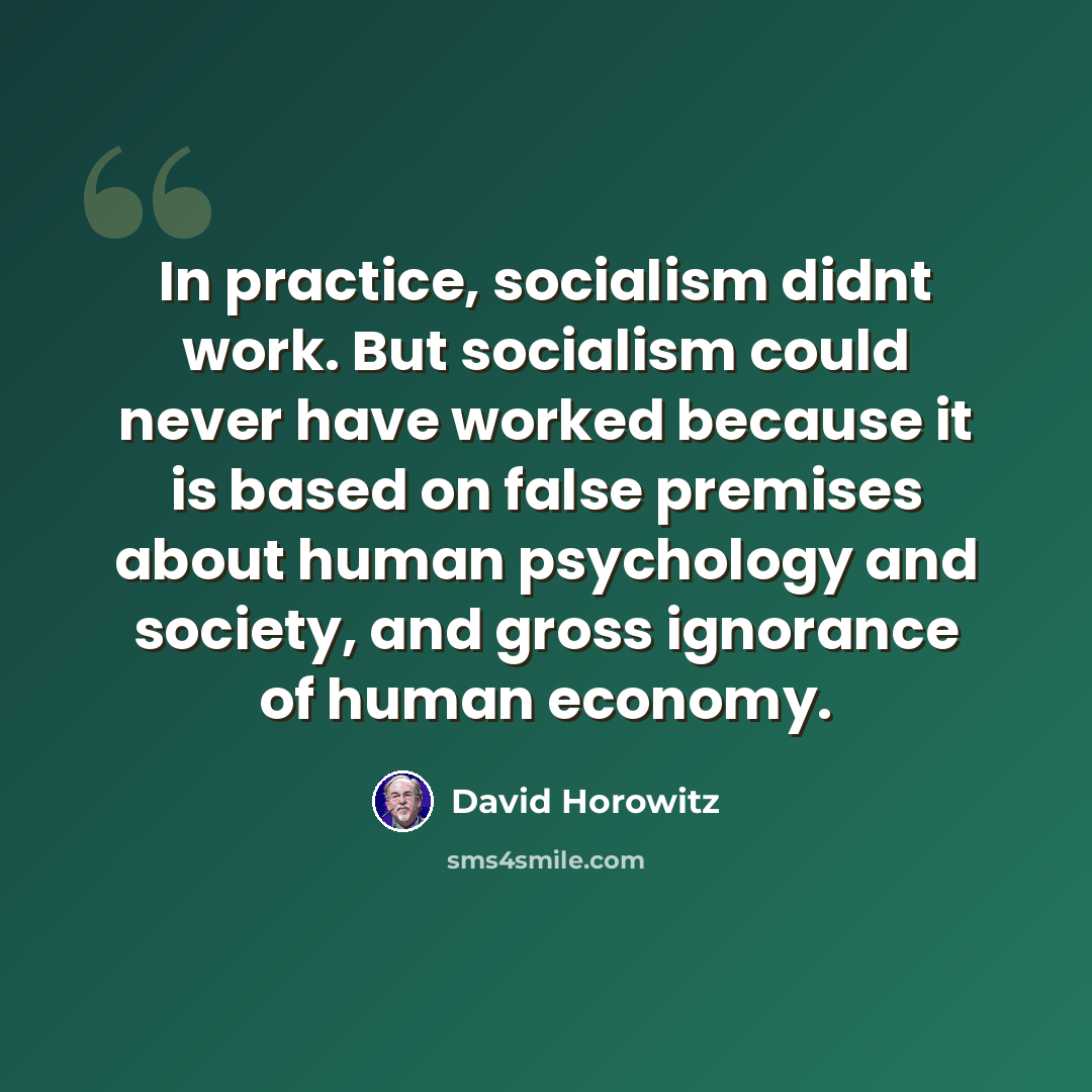 “In practice, socialism didnt work. But socialism could never have worked because it is based on false premises about human psychology and society, and gross ignorance of human economy.” quote by David Horowitz