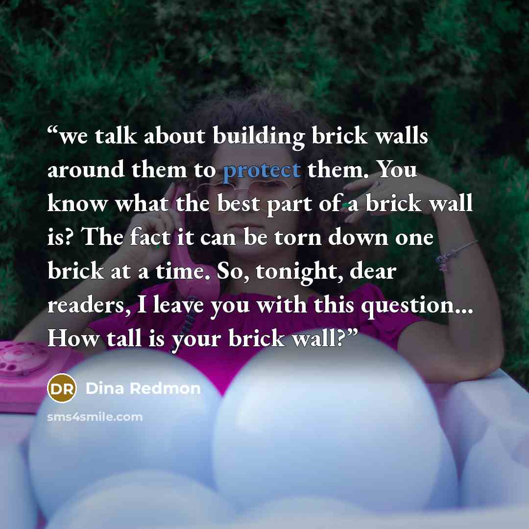 “we talk about building brick walls around them to protect them. You know what the best part of a brick wall is? The fact it can be torn down one brick at a time. So, tonight, dear readers, I leave you with this question… How tall is your brick wall?” quote by Dina Redmon