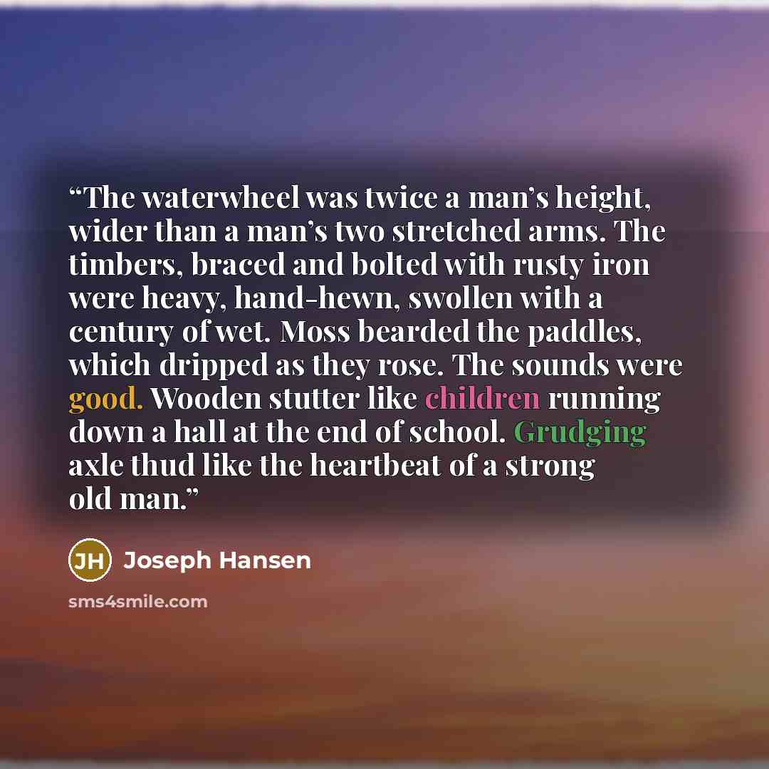 “The waterwheel was twice a man’s height, wider than a man’s two stretched arms. The timbers, braced and bolted with rusty iron were heavy, hand-hewn, swollen with a century of wet. Moss bearded the paddles, which dripped as they rose. The sounds were good. Wooden stutter like children running down…” quote by Joseph Hansen