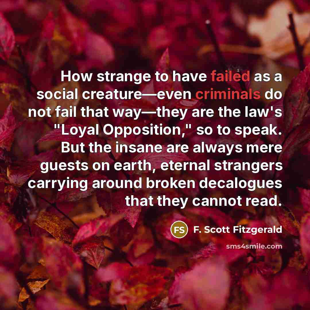 “How strange to have failed as a social creature—even criminals do not fail that way—they are the law's "Loyal Opposition," so to speak. But the insane are always mere guests on earth, eternal strangers carrying around broken decalogues that they cannot read.” quote by F. Scott Fitzgerald