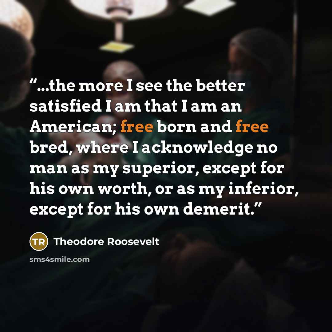“...the more I see the better satisfied I am that I am an American; free born and free bred, where I acknowledge no man as my superior, except for his own worth, or as my inferior, except for his own demerit.” quote by Theodore Roosevelt