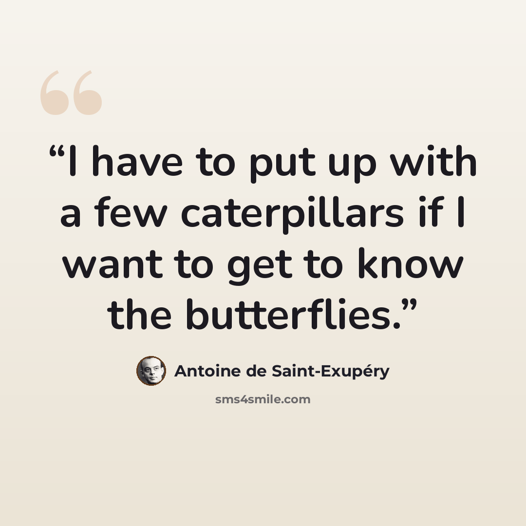 “I have to put up with a few caterpillars if I want to get to know the butterflies.” quote by Antoine de Saint-Exupéry
