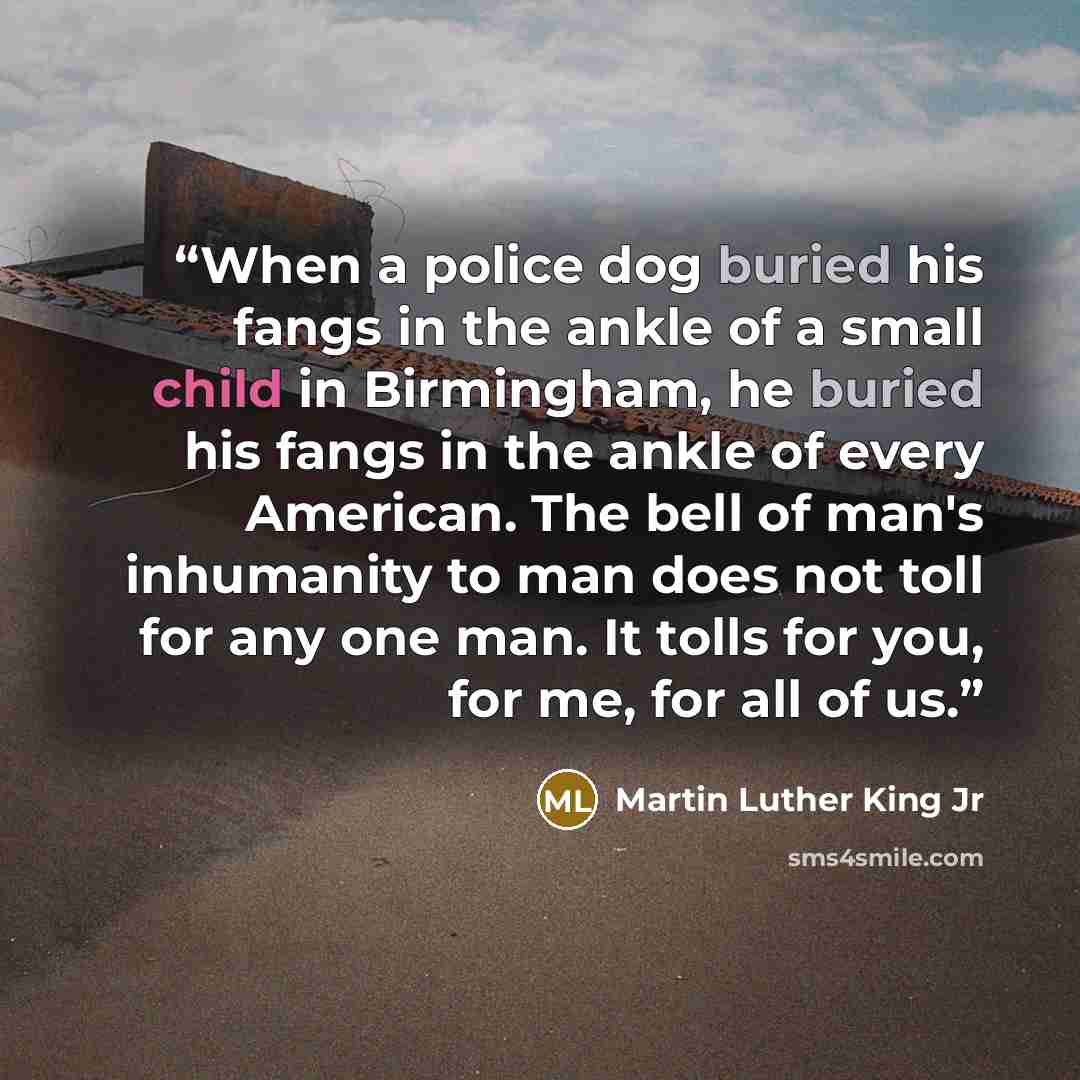 “When a police dog buried his fangs in the ankle of a small child in Birmingham, he buried his fangs in the ankle of every American. The bell of man's inhumanity to man does not toll for any one man. It tolls for you, for me, for all of us.” quote by Martin Luther King Jr