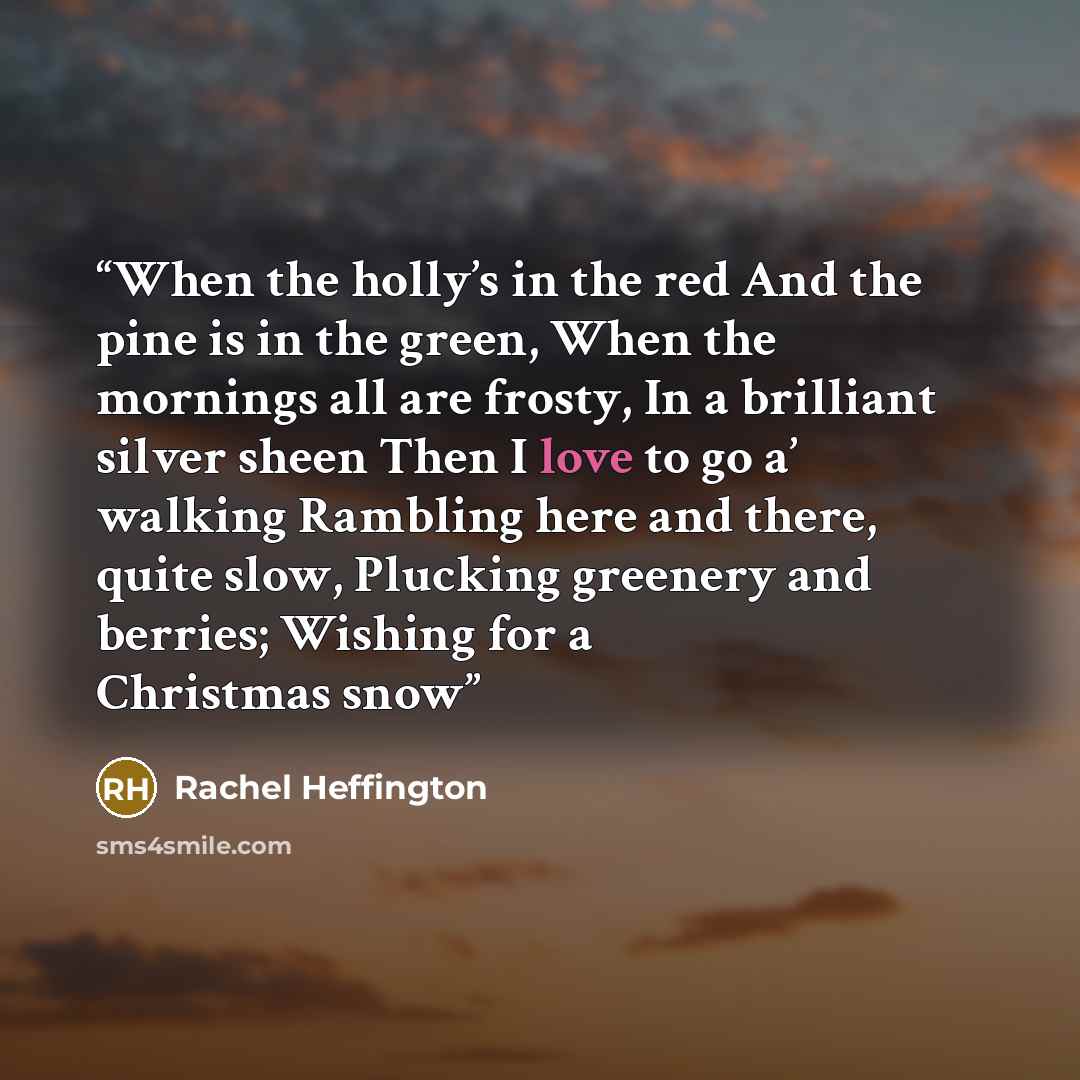 “When the holly’s in the red And the pine is in the green, When the mornings all are frosty, In a brilliant silver sheen Then I love to go a’ walking Rambling here and there, quite slow, Plucking greenery and berries; Wishing for a Christmas snow” quote by Rachel Heffington