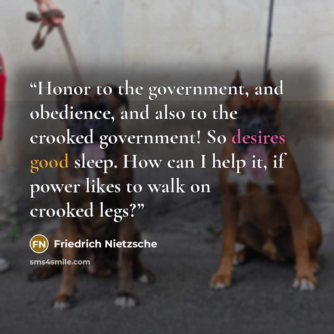 “Honor to the government, and obedience, and also to the crooked government! So desires good sleep. How can I help it, if power likes to walk on crooked legs?” quote by Friedrich Nietzsche