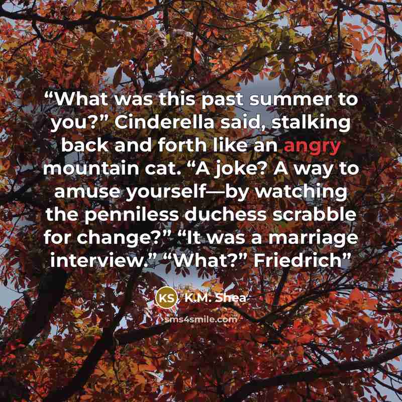 “What was this past summer to you?” Cinderella said, stalking back and forth like an angry mountain cat. “A joke? A way to amuse yourself—by watching the penniless duchess scrabble for change?” “It was a marriage interview.” “What?” Friedrich” quote by K.M. Shea