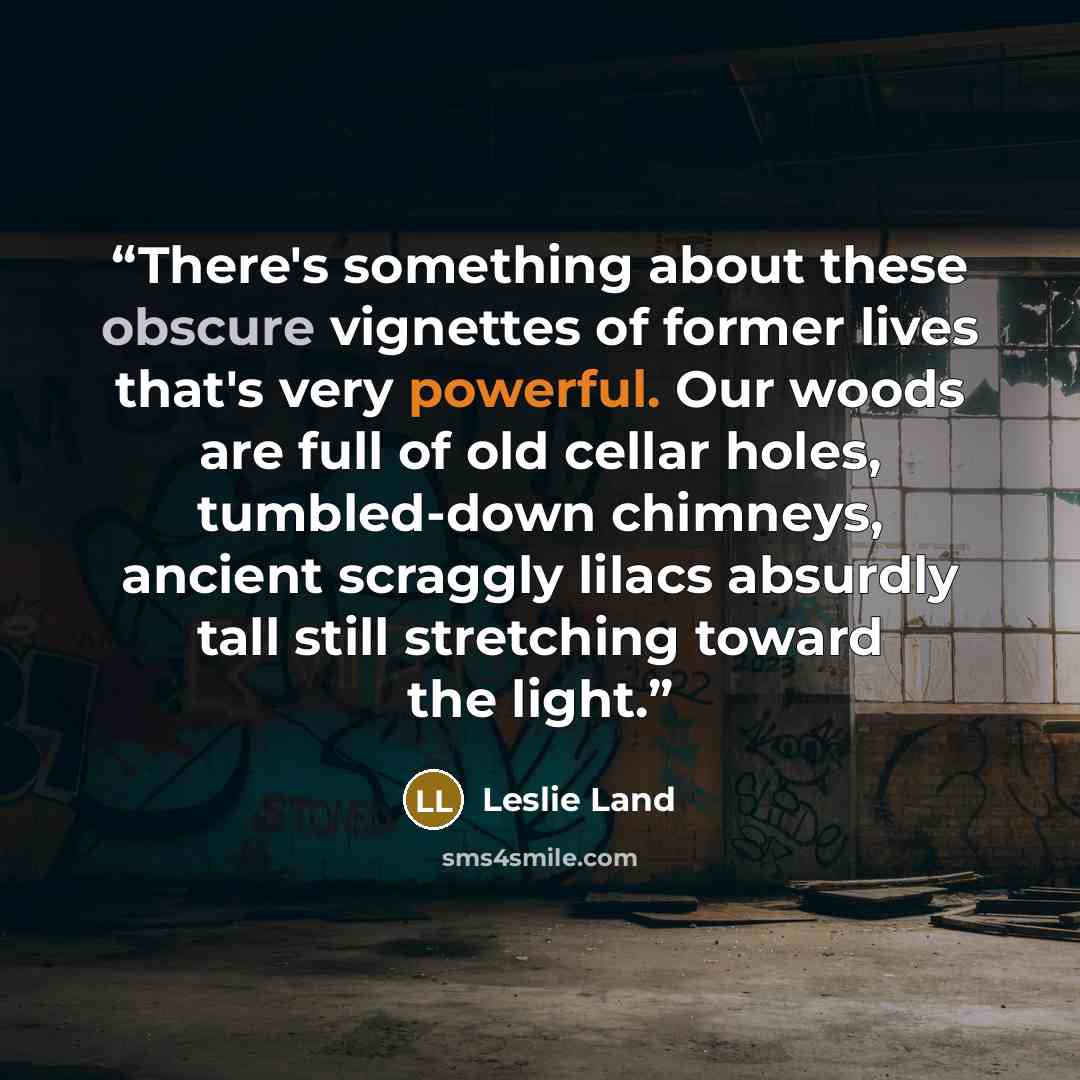 “There's something about these obscure vignettes of former lives that's very powerful. Our woods are full of old cellar holes, tumbled-down chimneys, ancient scraggly lilacs absurdly tall still stretching toward the light.” quote by Leslie Land