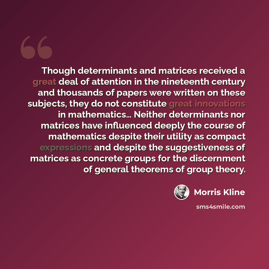 “Though determinants and matrices received a great deal of attention in the nineteenth century and thousands of papers were written on these subjects, they do not constitute great innovations in mathematics… Neither determinants nor matrices have influenced deeply the course of mathematics despite…” quote by Morris Kline