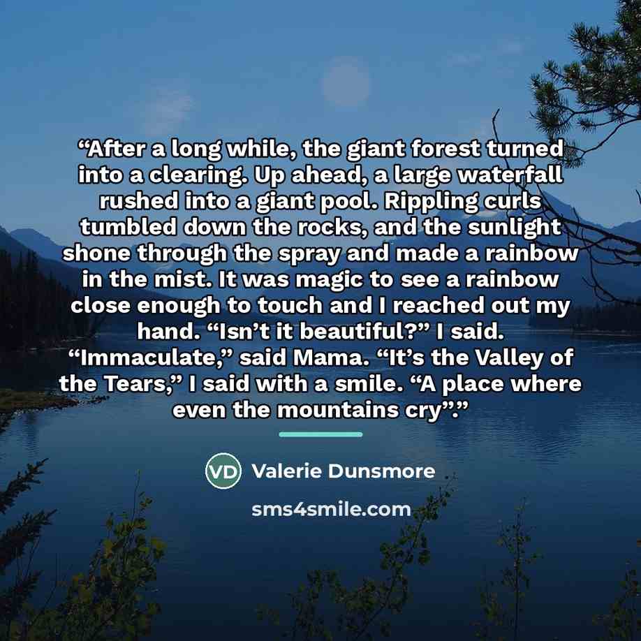 “After a long while, the giant forest turned into a clearing. Up ahead, a large waterfall rushed into a giant pool. Rippling curls tumbled down the rocks, and the sunlight shone through the spray and made a rainbow in the mist. It was magic to see a rainbow close enough to touch and I reached out…” quote by Valerie Dunsmore