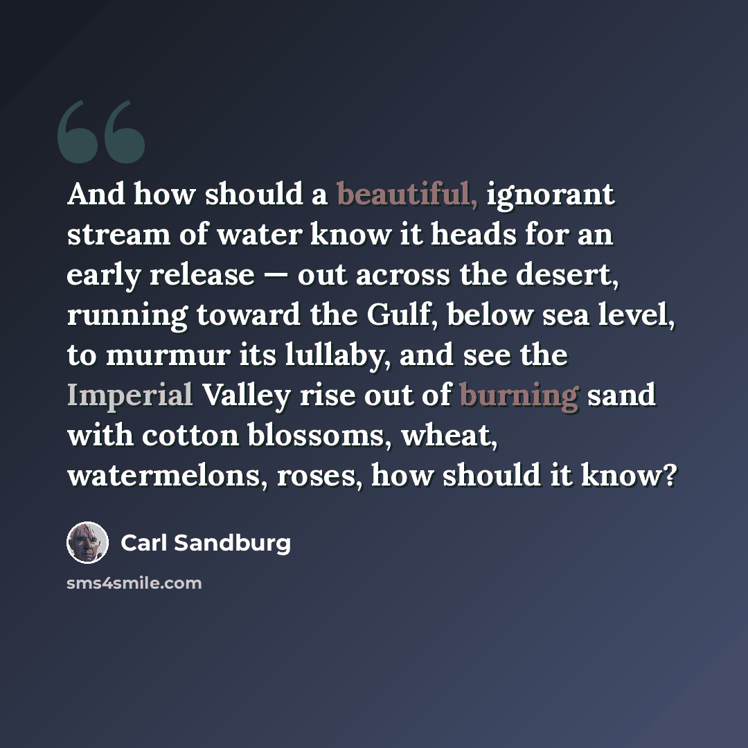 “And how should a beautiful, ignorant stream of water know it heads for an early release — out across the desert, running toward the Gulf, below sea level, to murmur its lullaby, and see the Imperial Valley rise out of burning sand with cotton blossoms, wheat, watermelons, roses, how should it know?” quote by Carl Sandburg