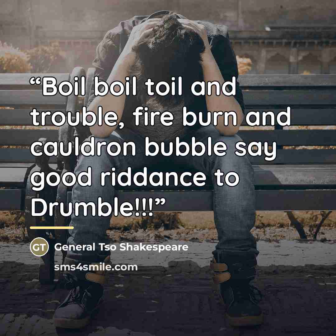 “Boil boil toil and trouble, fire burn and cauldron bubble say good riddance to Drumble!!!” quote by General Tso Shakespeare