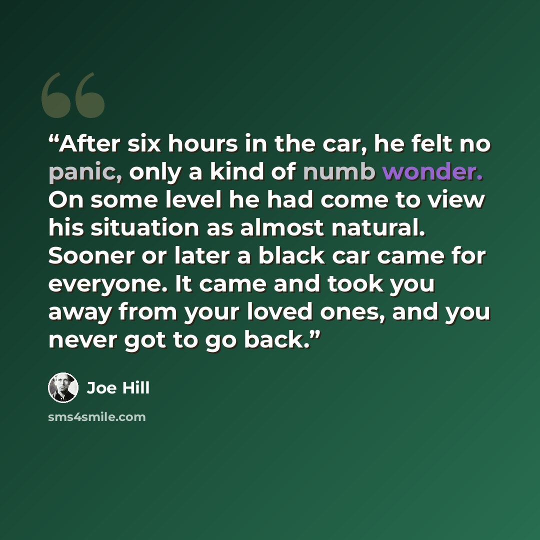 “After six hours in the car, he felt no panic, only a kind of numb wonder. On some level he had come to view his situation as almost natural. Sooner or later a black car came for everyone. It came and took you away from your loved ones, and you never got to go back.” quote by Joe Hill
