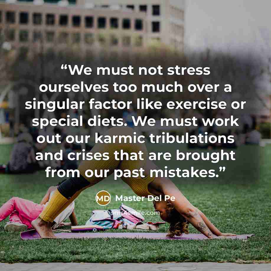 “We must not stress ourselves too much over a singular factor like exercise or special diets. We must work out our karmic tribulations and crises that are brought from our past mistakes.” quote by Master Del Pe