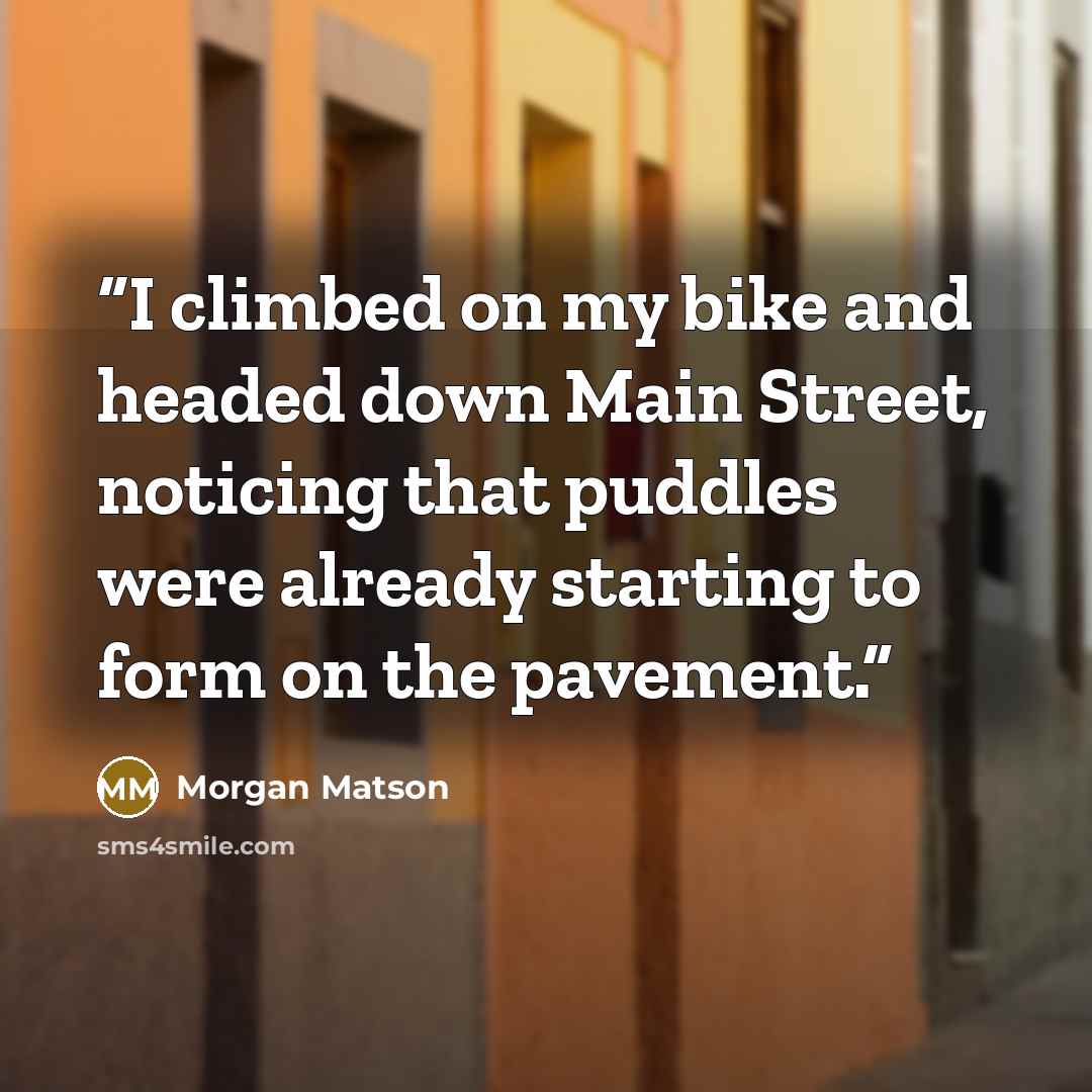 “I climbed on my bike and headed down Main Street, noticing that puddles were already starting to form on the pavement.” quote by Morgan Matson