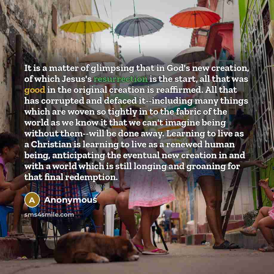 “It is a matter of glimpsing that in God's new creation, of which Jesus's resurrection is the start, all that was good in the original creation is reaffirmed. All that has corrupted and defaced it--including many things which are woven so tightly in to the fabric of the world as we know it that we…” quote by Anonymous