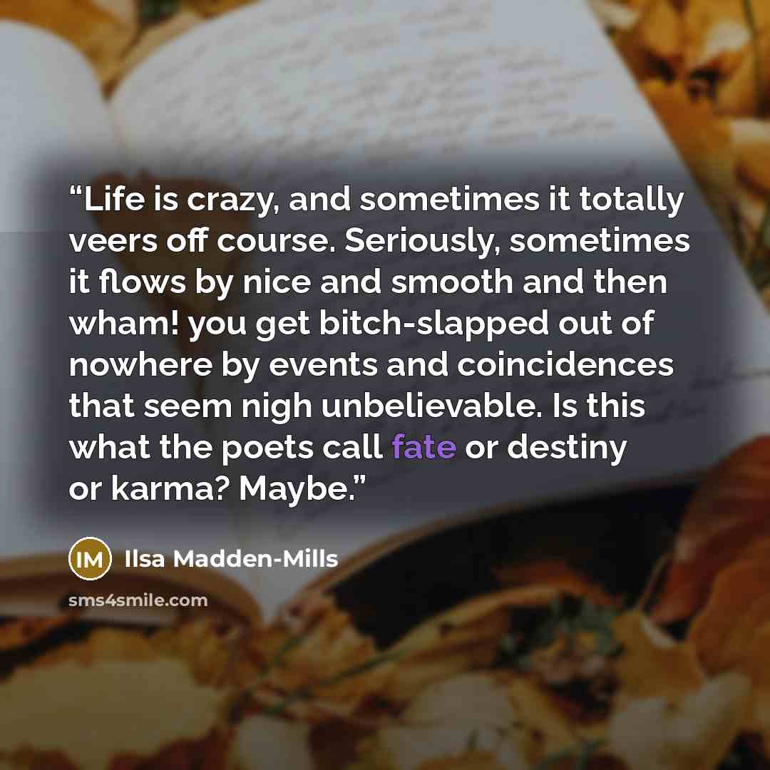 “Life is crazy, and sometimes it totally veers off course. Seriously, sometimes it flows by nice and smooth and then wham! you get bitch-slapped out of nowhere by events and coincidences that seem nigh unbelievable. Is this what the poets call fate or destiny or karma? Maybe.” quote by Ilsa Madden-Mills