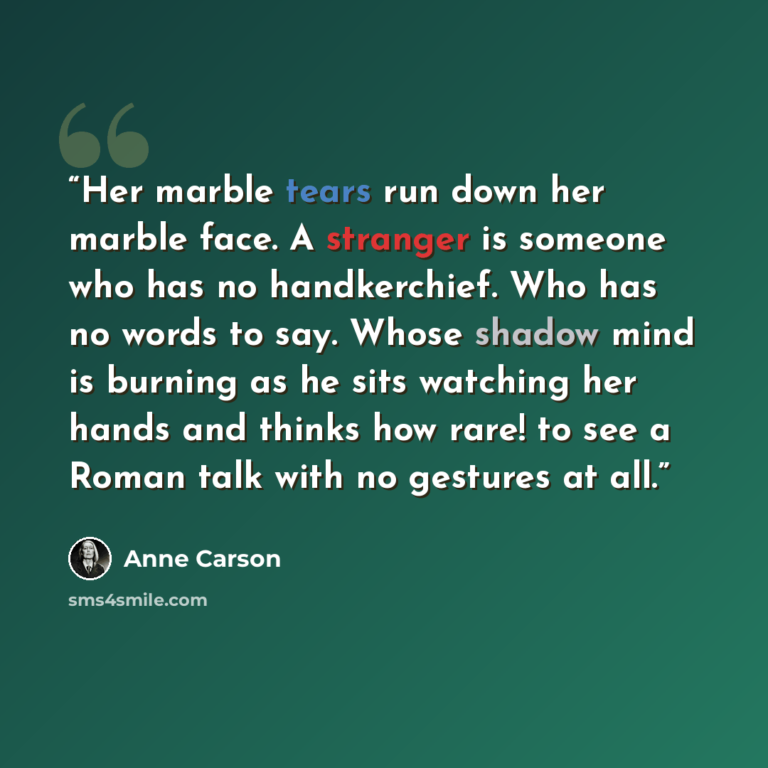 “Her marble tears run down her marble face. A stranger is someone who has no handkerchief. Who has no words to say. Whose shadow mind is burning as he sits watching her hands and thinks how rare! to see a Roman talk with no gestures at all.” quote by Anne Carson